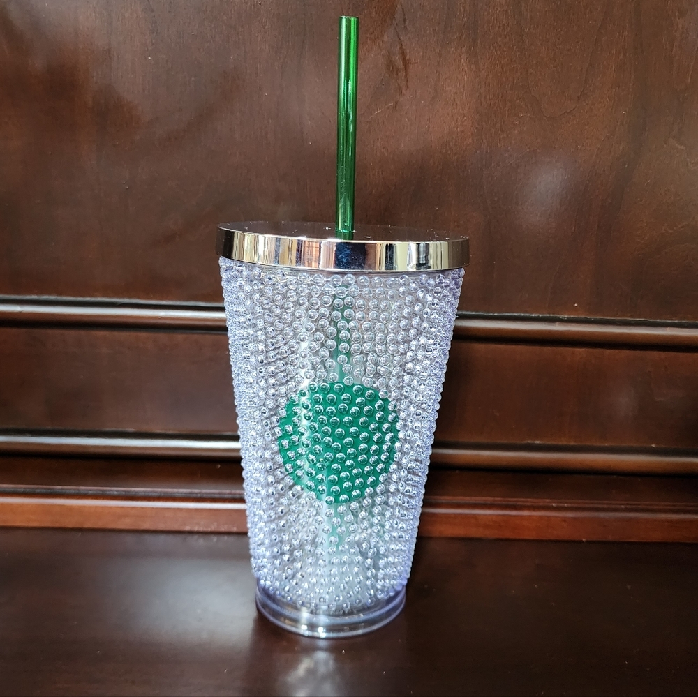 Starbucks - 2014 16 oz Frappuccino Cold Cup Green Dot Flat Lid Bubble Hobnob New